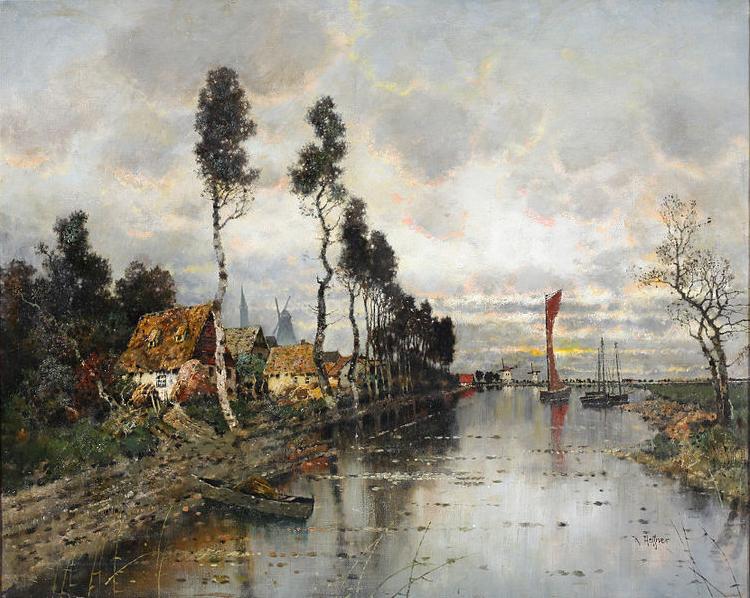 Karl Heffner Hollandische Flublandschaft wahrend eines Gewitters Germany oil painting art